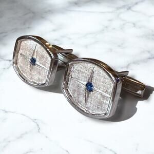 Vintage Silver Tone Cufflinks Mens Blue Rhinestone Brushed Atomic Deco Wedding